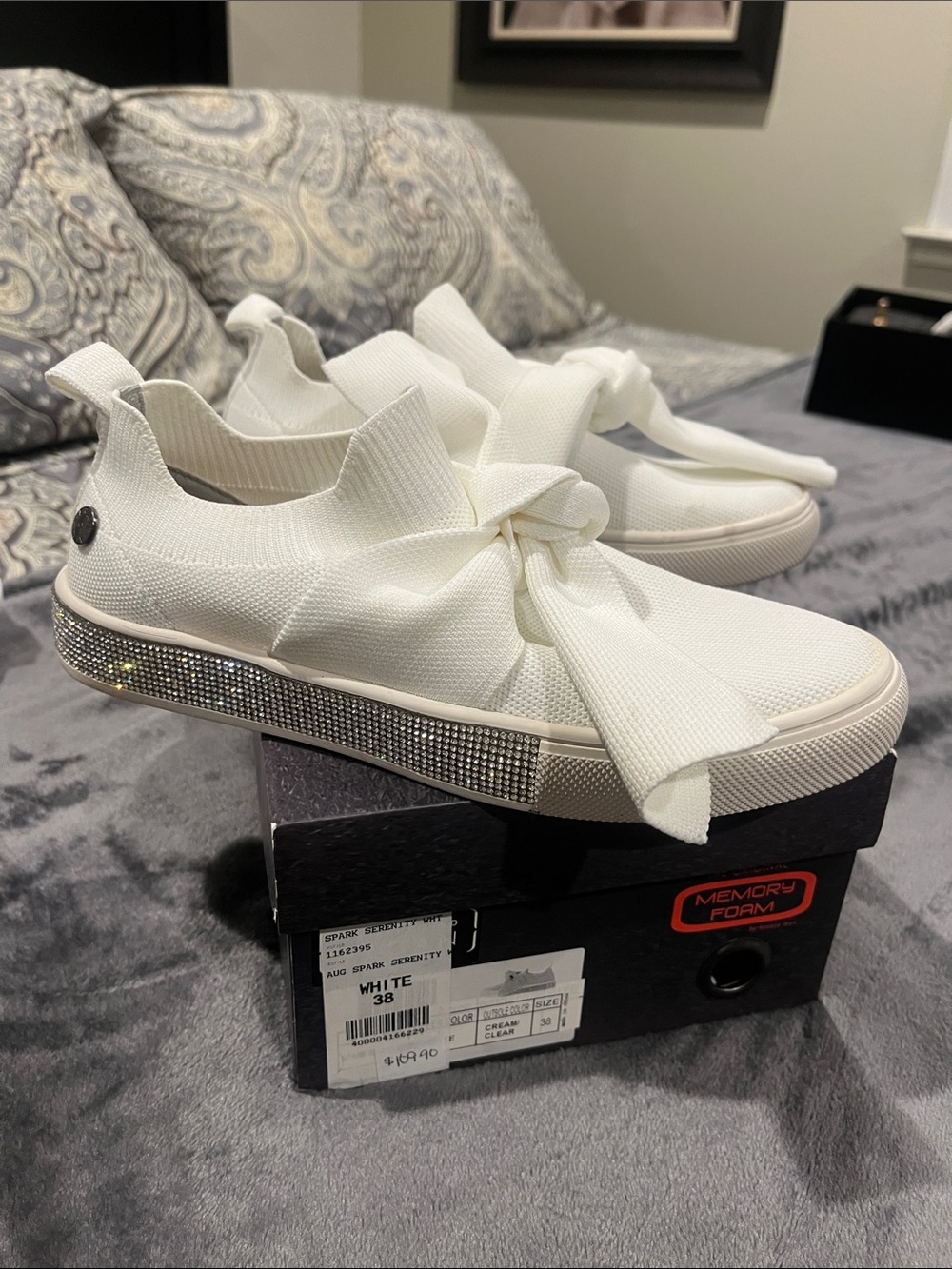 bernie mev. White Slip-On Bow Sneakers with Crystal-Trim Sole